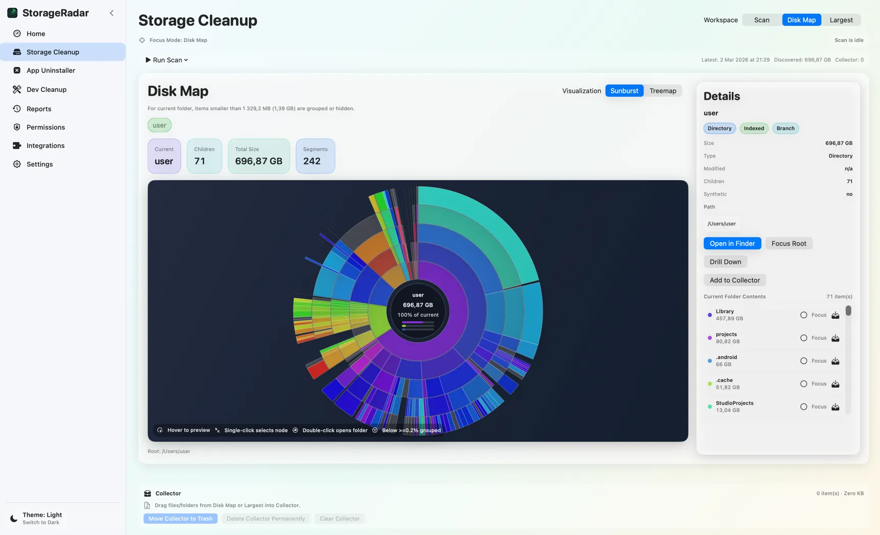 StorageRadar macOS interface with storage visualization and cleanup tools