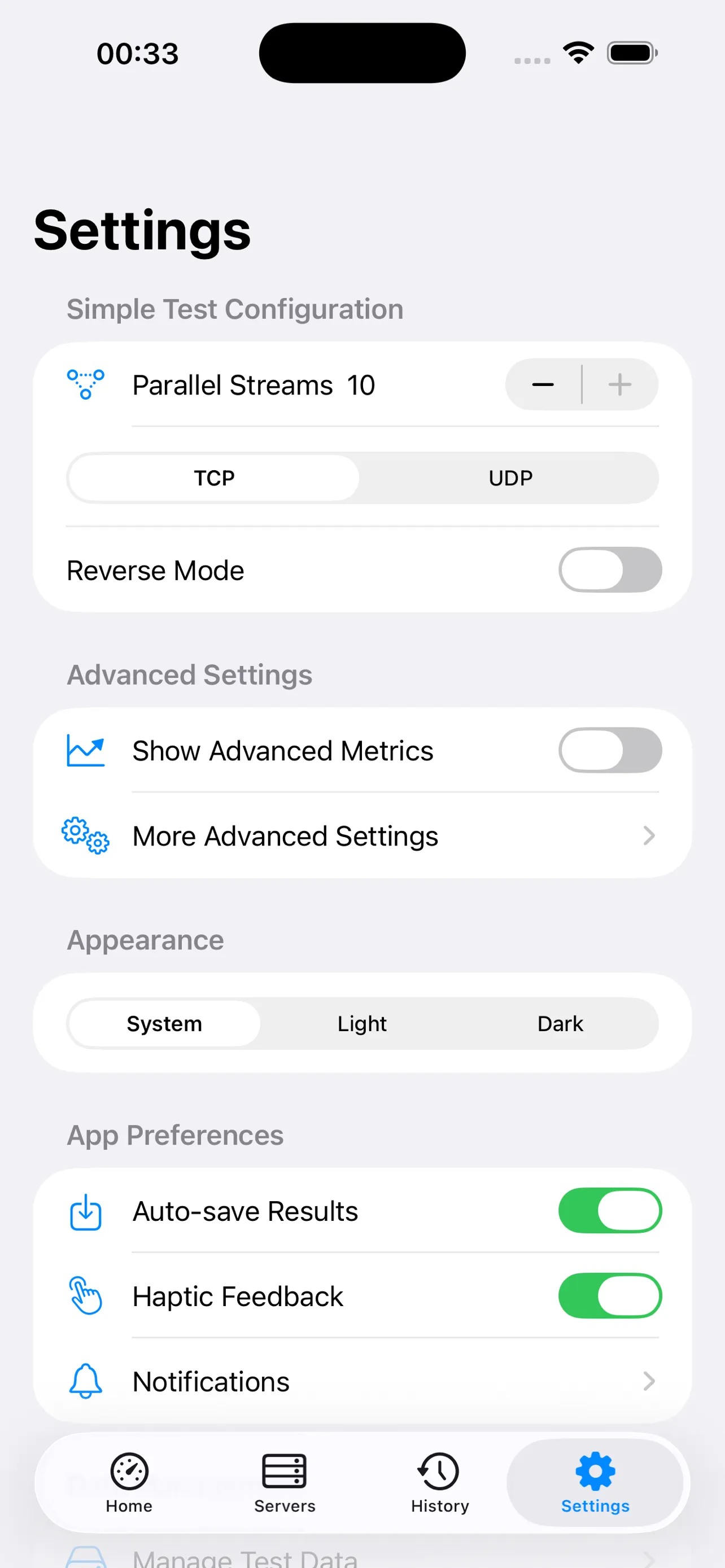 Additional Apple platform interface for iPerf3 test results and management